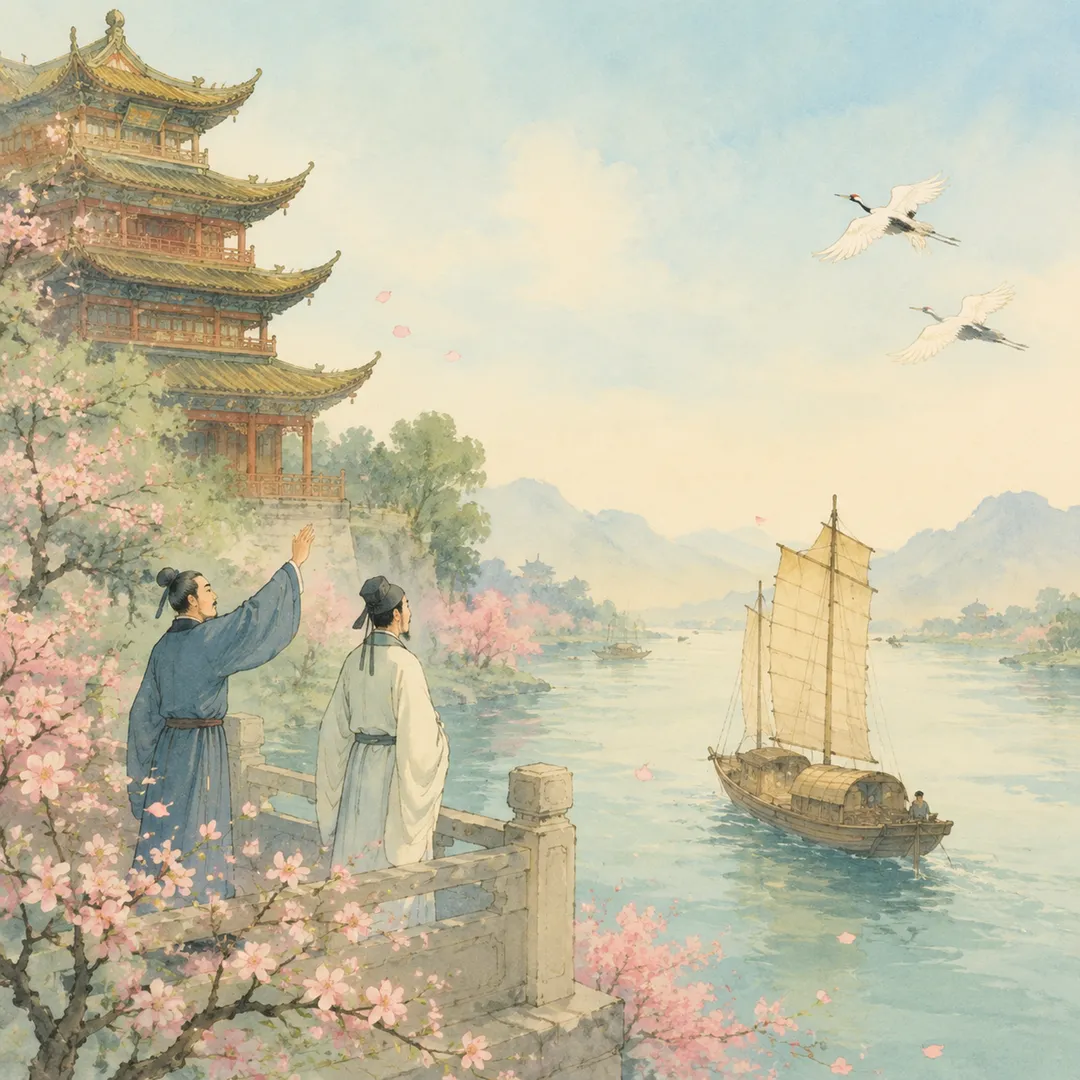 《黄鹤楼送孟浩然之广陵》诗意配图