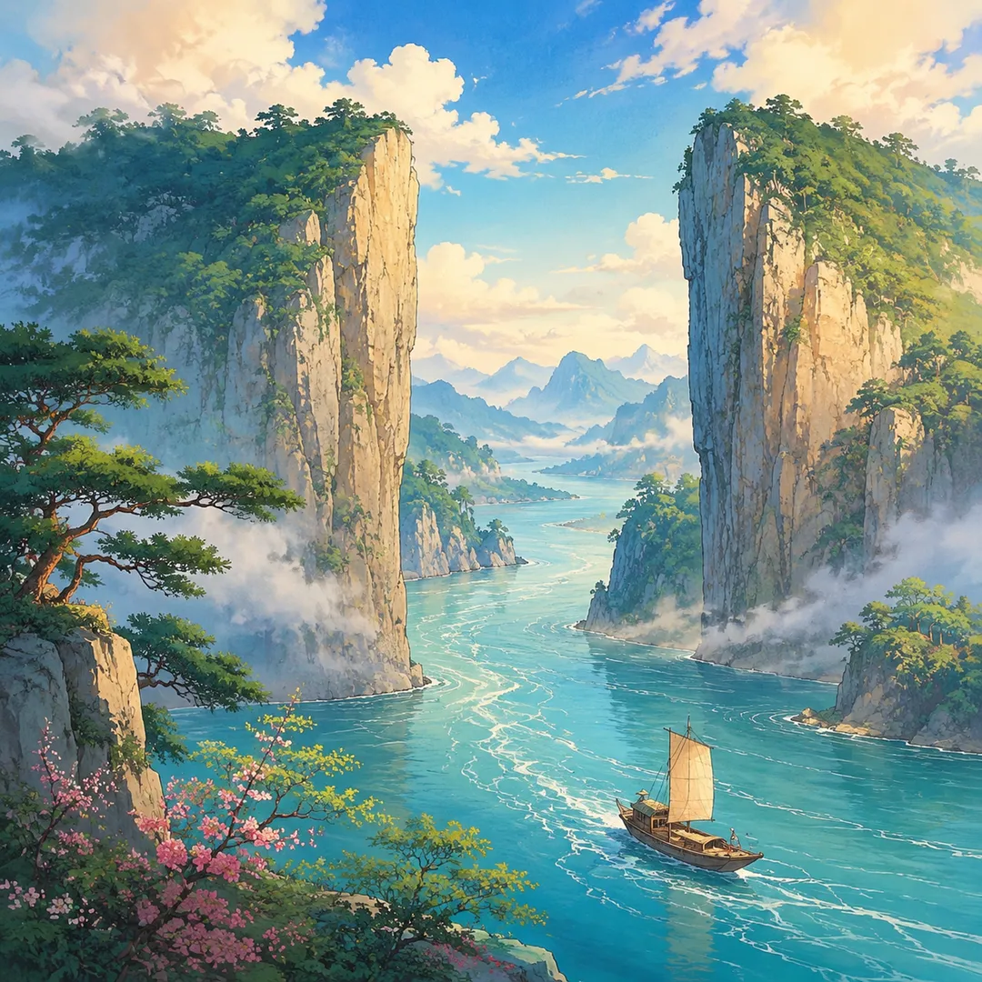 《望天门山》诗意配图